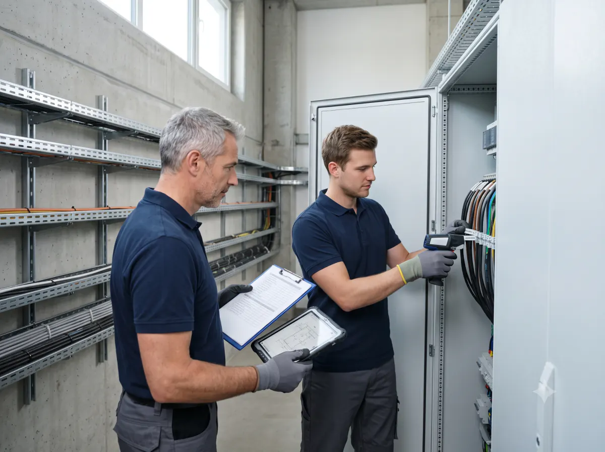 Elektriker prüfen gemeinsam die Installation an einer Verteilung.