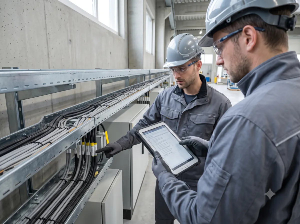 Two technical specialists review cable routes and documentation.