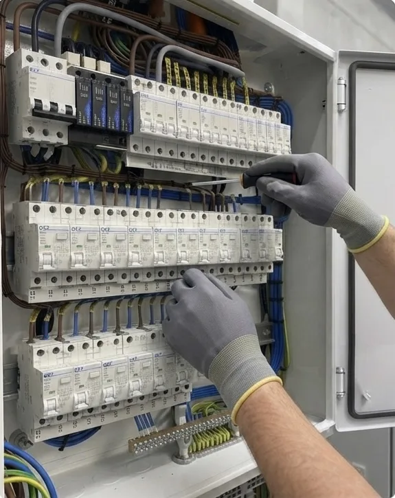 Electrical specialist working on an open electrical distribution cabinet.