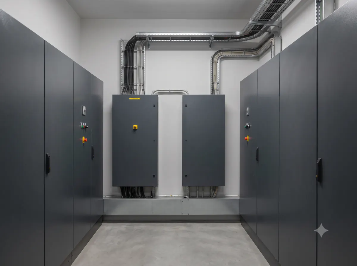 Distribution cabinets and cable routes in a commercial building plant room.