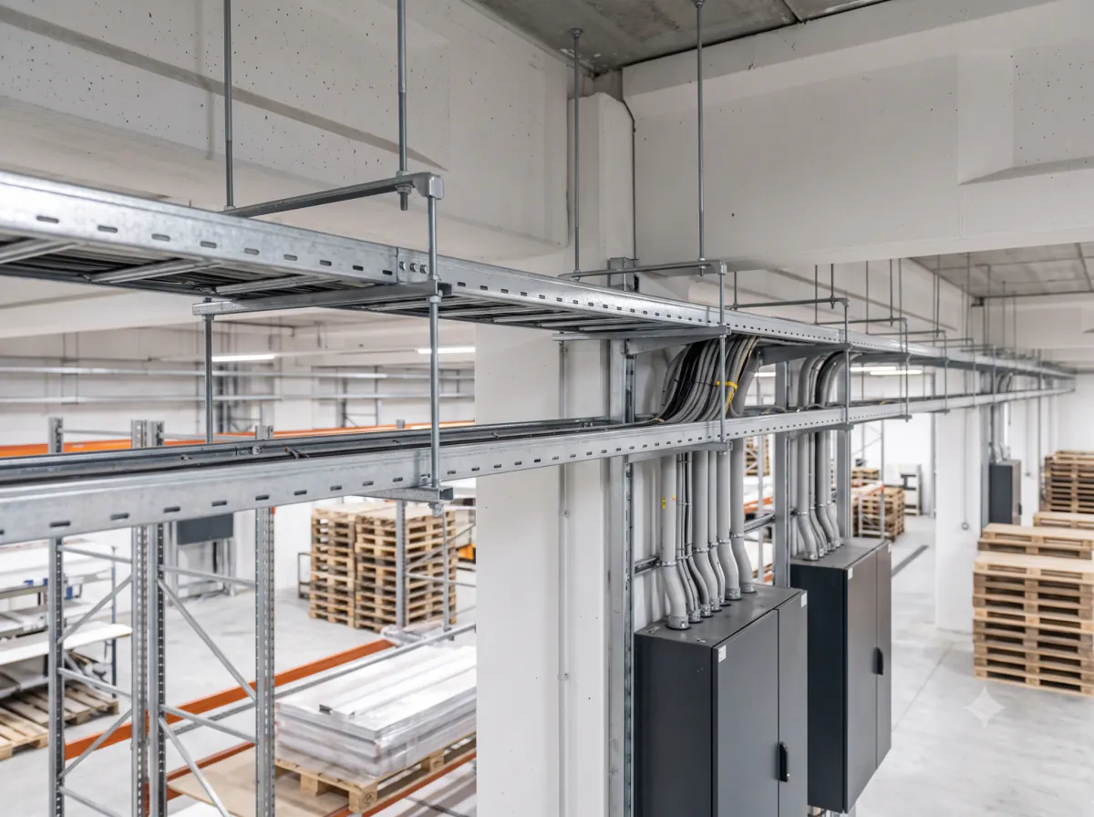 Cable trays and electrical distribution in a logistics hall.