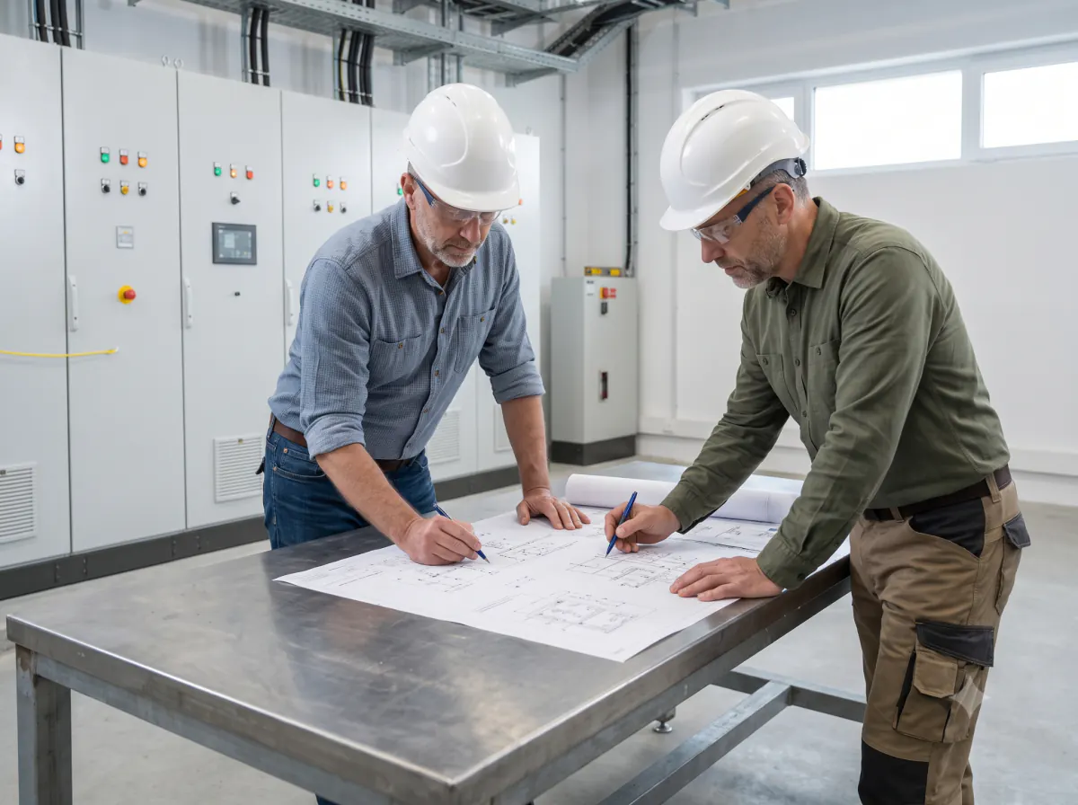 Zwei technische Fachkräfte stimmen Installationspläne ab.